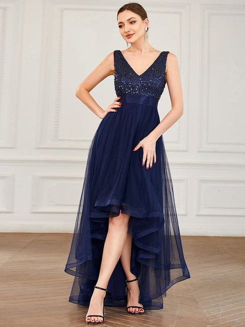 Elegant Sparkling Asymmetrical Hem Deep V Neck Evening Dress