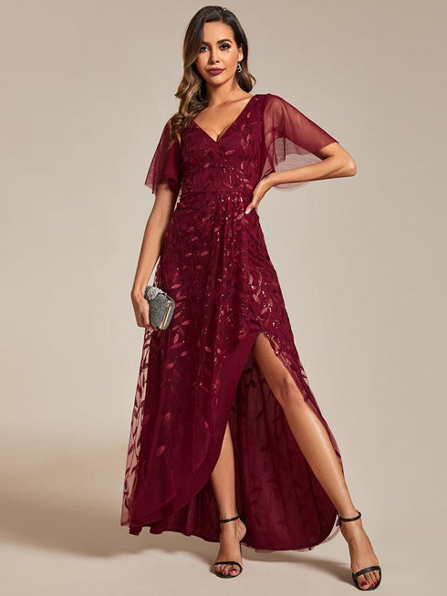 Elegant Sparkling Sequin V-Neck High Low Evening Gown