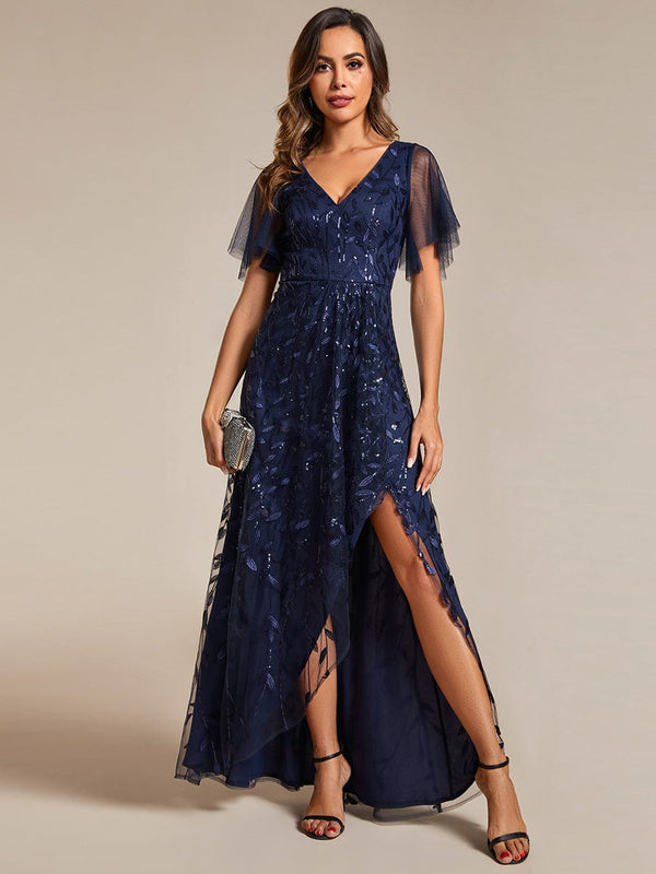 Elegant Sparkling Sequin V-Neck High Low Evening Gown