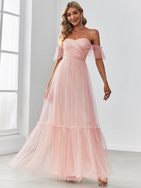 Elegant Strapless A Line Evening Gown with Cascading Ruffles