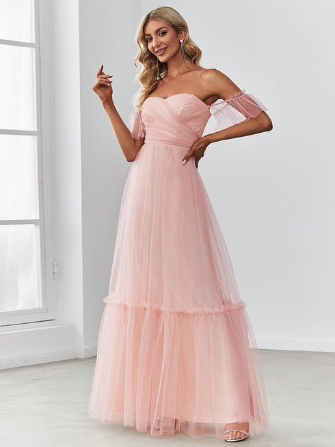 Elegant Strapless A Line Evening Gown with Cascading Ruffles