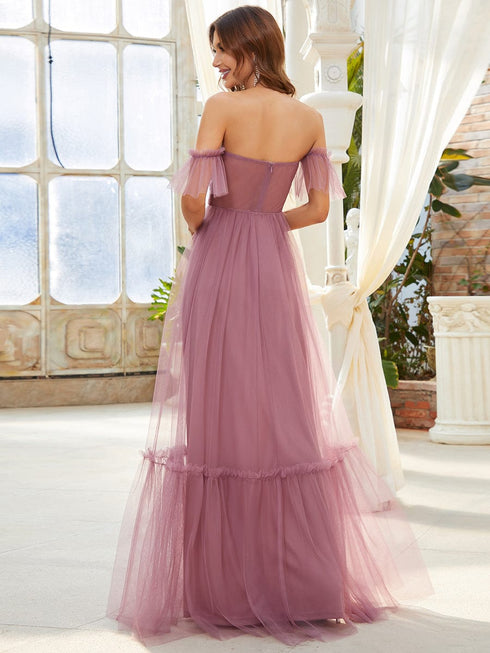 Elegant Strapless A Line Evening Gown with Cascading Ruffles