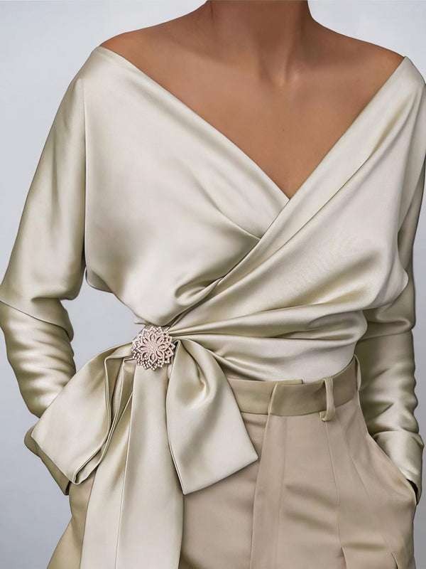 women's draped satin blouse with front bow made for easy styling and wardrobe coordination, with premium-like structure and finish. with practical
