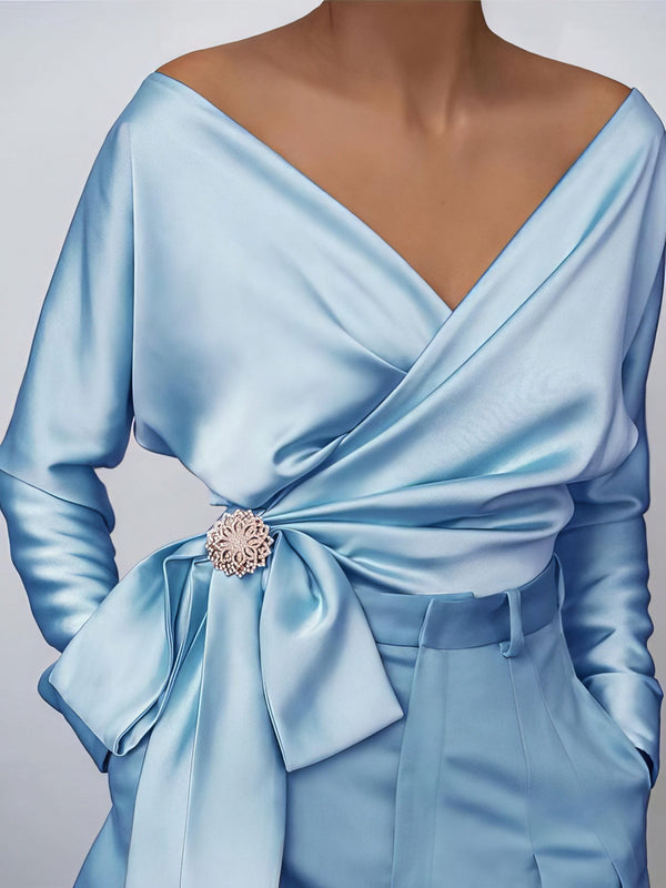 women's versatile satin wrap blouse for women made for easy styling and wardrobe coordination, with premium-like structure and finish. with practical