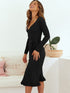 Elegant V-Neck Knitted Dress with Long Sleeves and High Waist