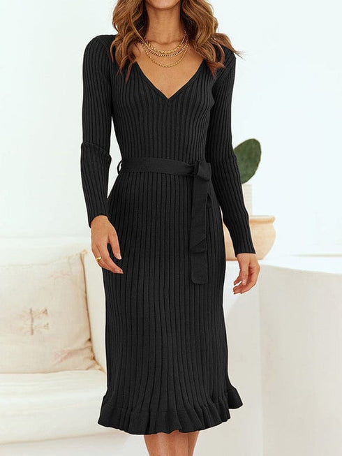 Elegant V-Neck Knitted Dress with Long Sleeves and High Waist