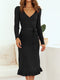 Elegant V-Neck Knitted Dress with Long Sleeves and High Waist