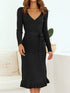 Elegant V-Neck Knitted Dress with Long Sleeves and High Waist