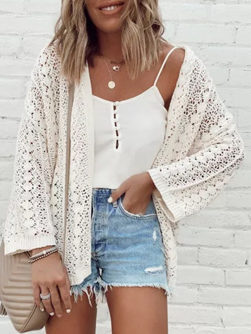 Elegant White Crochet Knit Open Front Cardigan