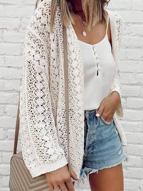Elegant White Crochet Knit Open Front Cardigan