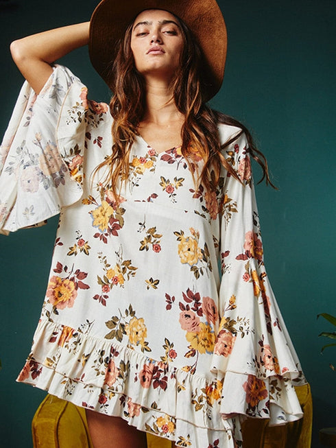 Elegant White Floral Print Ruffle Sleeve Mini Dress