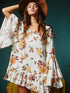 Elegant White Floral Print Ruffle Sleeve Mini Dress