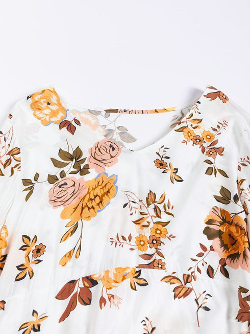 Elegant White Floral Print Ruffle Sleeve Mini Dress