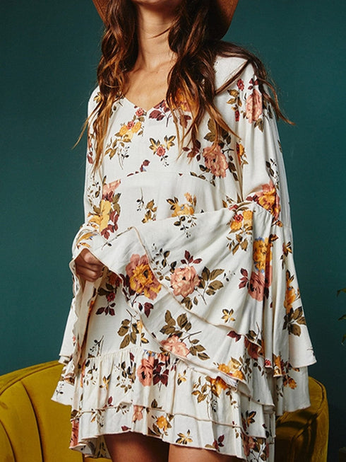 Elegant White Floral Print Ruffle Sleeve Mini Dress