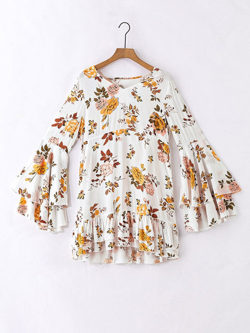 Elegant White Floral Print Ruffle Sleeve Mini Dress