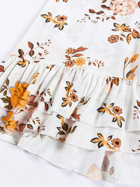 Elegant White Floral Print Ruffle Sleeve Mini Dress