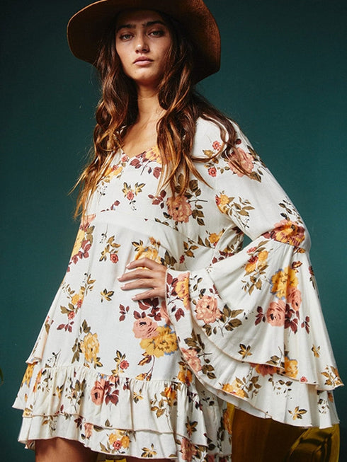 Elegant White Floral Print Ruffle Sleeve Mini Dress