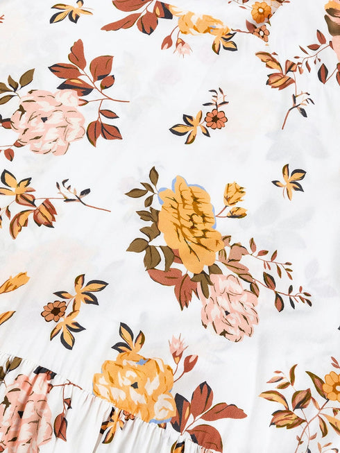 Elegant White Floral Print Ruffle Sleeve Mini Dress