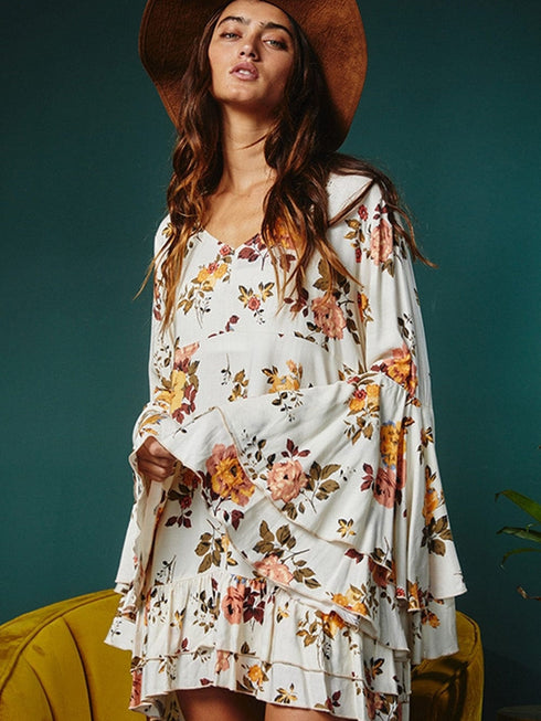 Elegant White Floral Print Ruffle Sleeve Mini Dress