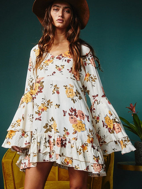 Elegant White Floral Print Ruffle Sleeve Mini Dress