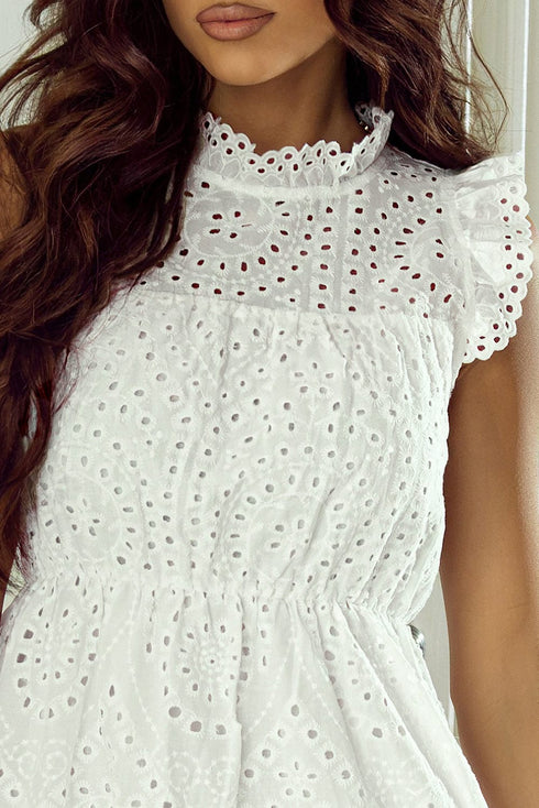 Elegant White Hollow Flutter Mini Dress