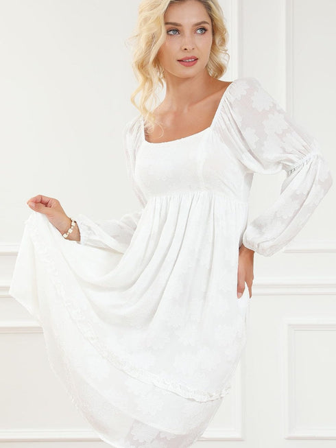 Elegant White Jacquard Bubble Sleeve Mini Dress