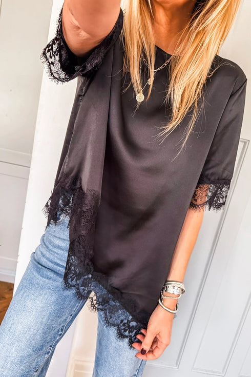 Black Asymmetric Lace Trim Short Sleeve Satin Top