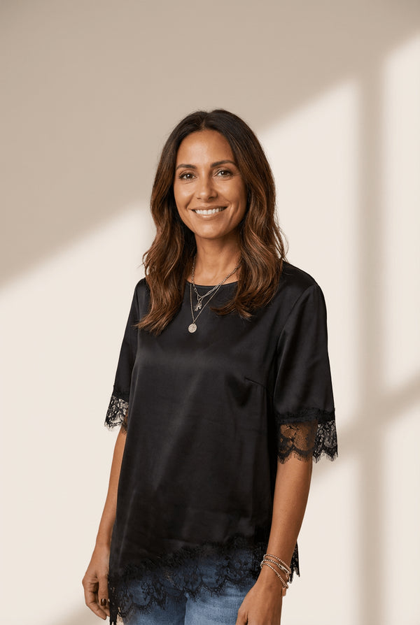 Women's Elegant Women's Black Satin Short Sleeve Top with Asymmetric Lace Trim for Casual or Dressy Occasions