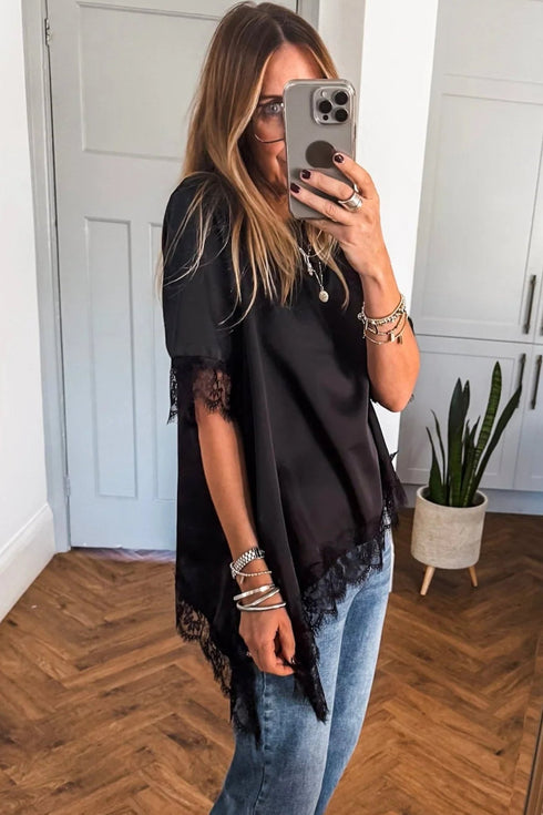 Black Asymmetric Lace Trim Short Sleeve Satin Top