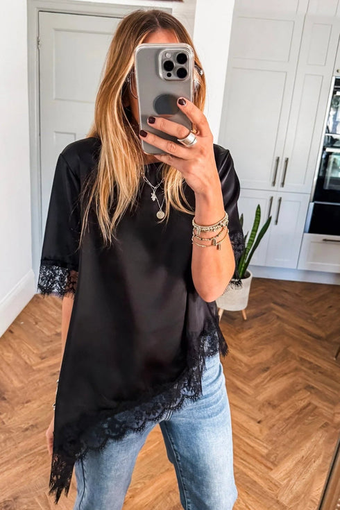 Black Asymmetric Lace Trim Short Sleeve Satin Top