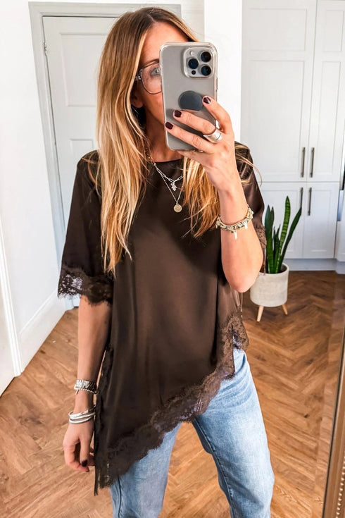 Coffee Asymmetric Lace Trim Short Sleeve Satin Top