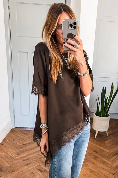 Coffee Asymmetric Lace Trim Short Sleeve Satin Top