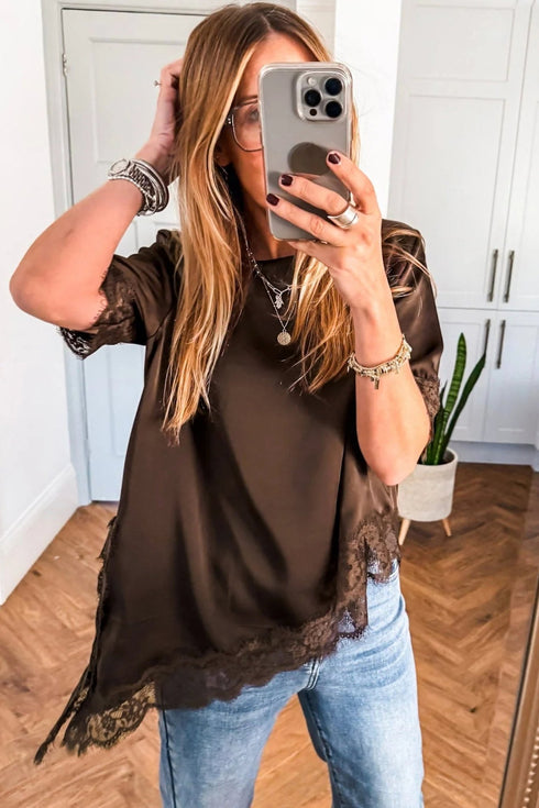Coffee Asymmetric Lace Trim Short Sleeve Satin Top