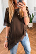 Coffee Asymmetric Lace Trim Short Sleeve Satin Top
