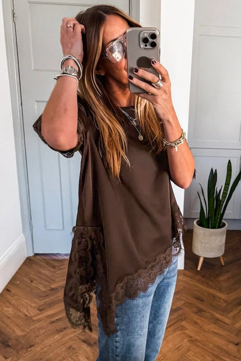 Coffee Asymmetric Lace Trim Short Sleeve Satin Top