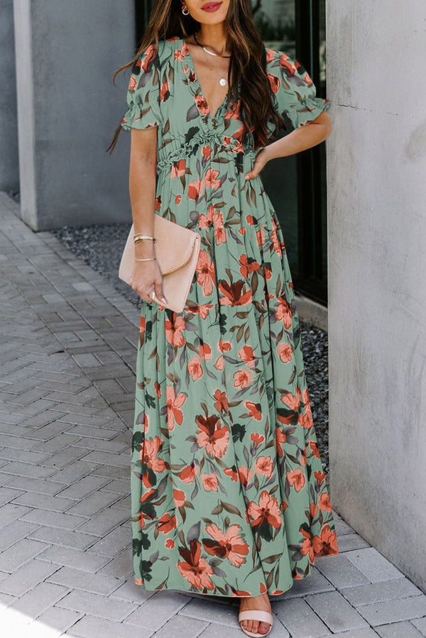 women's elegant women's green floral maxi dress with frills and v-neck - ideal for summer events and casual outings with practical styling and