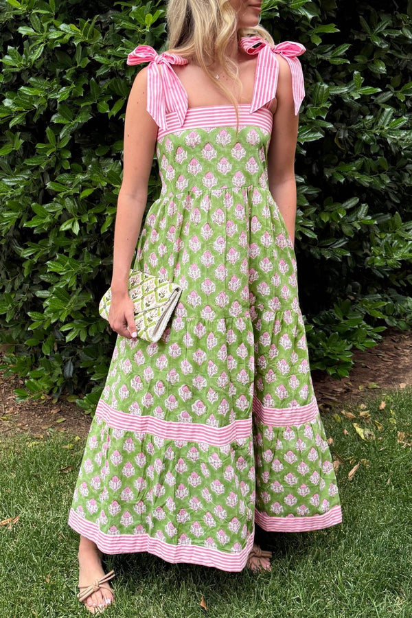 Women's Elegant Women's Green Floral Maxi Dress with Striped Knot Straps - Perfect for Summer Events and Casual Outings