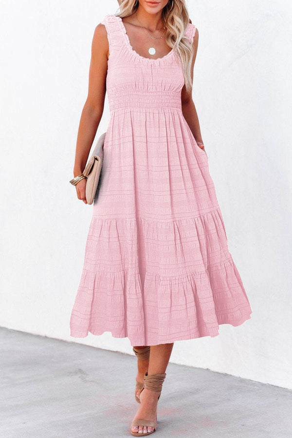 women's elegant women's pink shirred pleated midi dress with square neck and sleeveless design – perfect summer wardrobe essential with practical