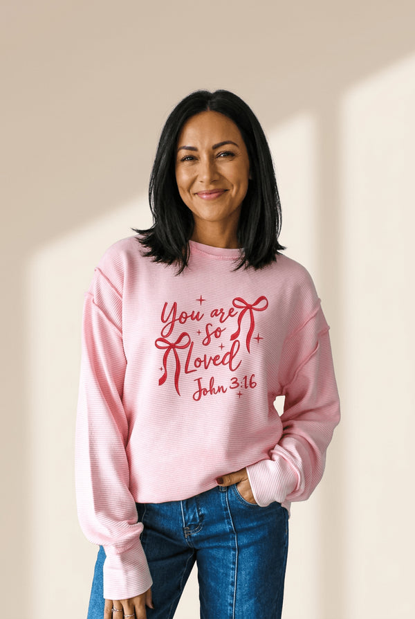 Women's Embroidered John 3:16 Bow Pullover in Ribbed Pastel Pink