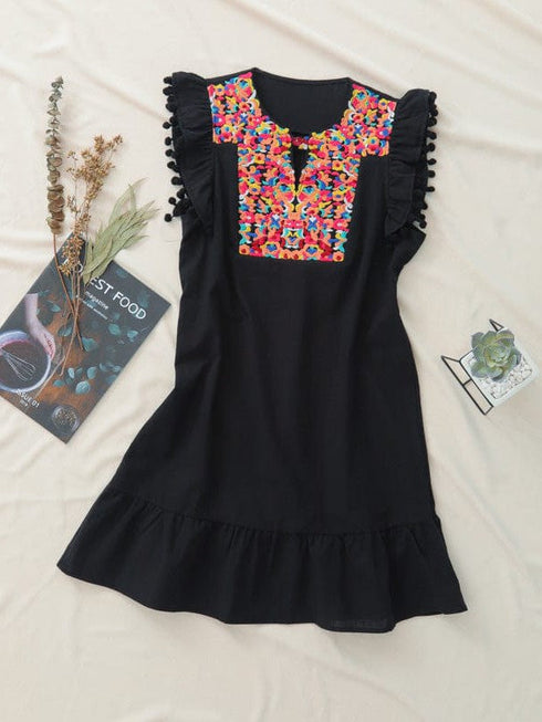 Embroidered Sleeveless Dress with Fringed Ruffled Neckline Skirt