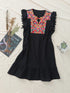 Embroidered Sleeveless Dress with Fringed Ruffled Neckline Skirt