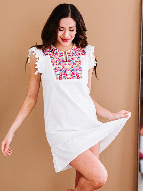 Embroidered Sleeveless Dress with Fringed Ruffled Neckline Skirt
