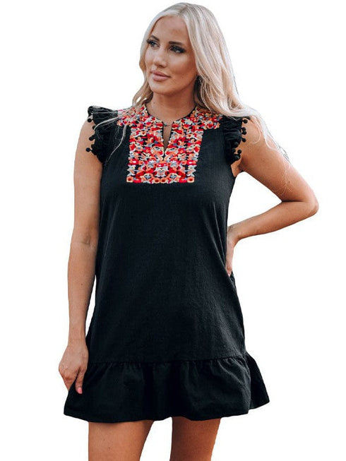 Embroidered Sleeveless Dress with Fringed Ruffled Neckline Skirt