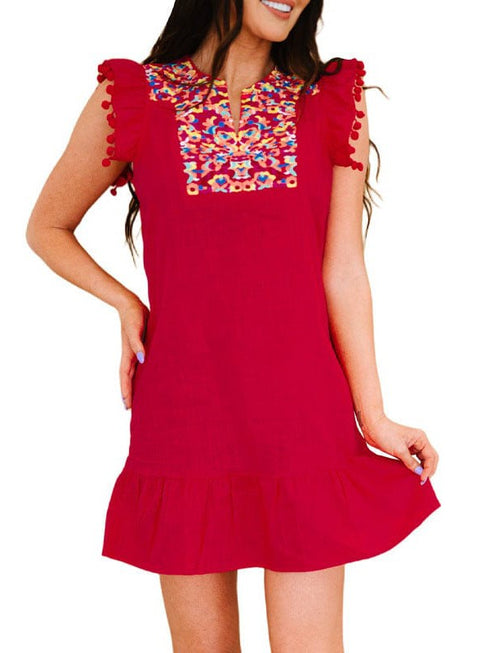 Embroidered Sleeveless Dress with Fringed Ruffled Neckline Skirt