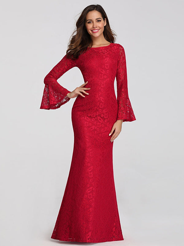 Enchanting Mermaid Evening Gown with Elegant Long Flare Lace Sleeves
