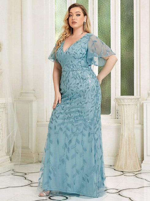 Enchanting Plus Size V Neck Mermaid Sequin & Tulle Evening Gown