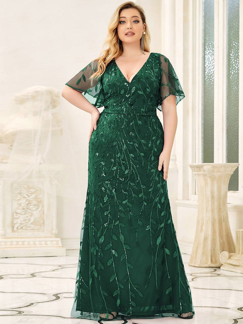 Enchanting Plus Size V Neck Mermaid Sequin & Tulle Evening Gown