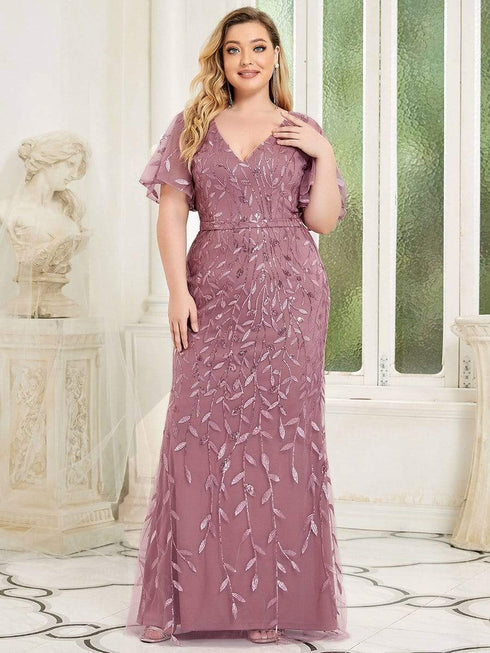 Enchanting Plus Size V Neck Mermaid Sequin & Tulle Evening Gown