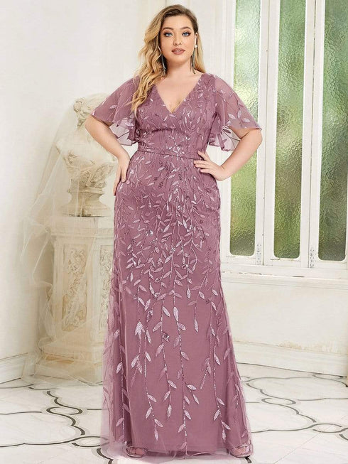 Enchanting Plus Size V Neck Mermaid Sequin & Tulle Evening Gown