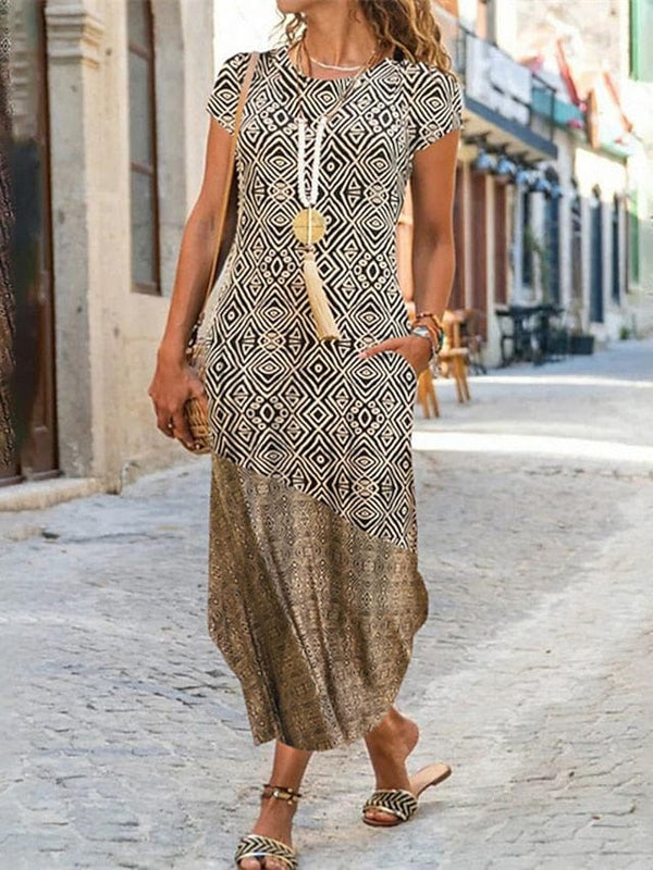 Ethnic Dress Shift Dress Boho Dress Midi Dress Khaki Short Sleeve Geometric Pocket Spring Summer Crew Neck Boho Weekend Loose Fit S M L XL XXL for Women